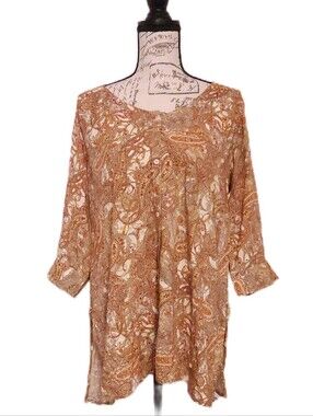 Aurelia Orange & Brown Paisley Button-Down 100% Viscose Half Sleeve Tunic XL NWT